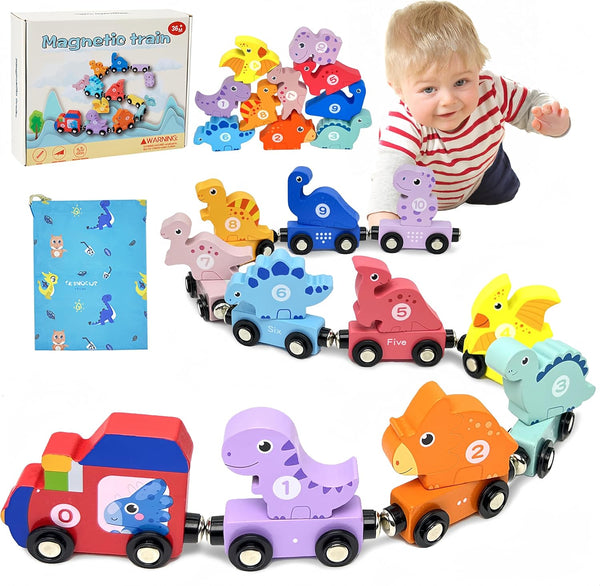 AquaArcc Toddler Boy Toys Age 1-3, Dinosaur Toy Wooden Magnetic Train Set with