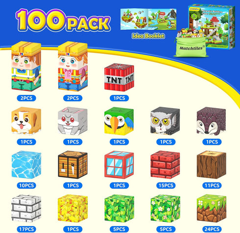 Set, (100 Matchtiles Magnetic Blocks with Animals, Magnetic Building Blocks Magnet Cube Toys Stacking, Build Forest