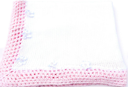 Sona Knitted Crochet Finished White Cotton Pink Trim Blanket with Whit Pearl Flowers.