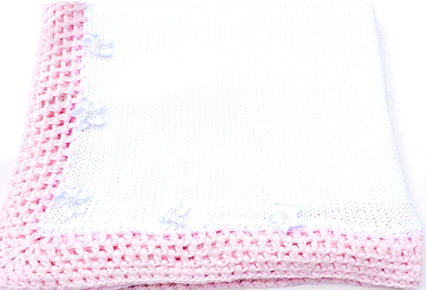 Sona Knitted Crochet Finished White Cotton Pink Trim Blanket with Whit Pearl Flowers.
