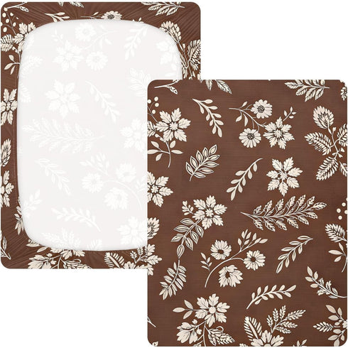 CZXW 52" 28" Boho Floral Brown Crib Sheets Fitted x Natural Cotton Soft & Breathable for Baby Crib Mattress