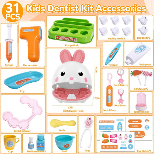 Set, 31PCS Playset, 3+ Crelloci Dentist Kit Pretend Play Teeth Dental Tools Medical Accessories, Pet Doctor Role Play