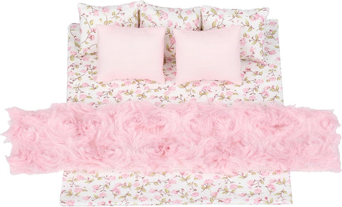 1:12 Scale Dollhouse Bedding Set for 6-Inch Dolls, 7-Piece Pink Comforter, Pillows