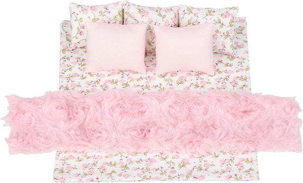 1:12 Scale Dollhouse Bedding Set for 6-Inch Dolls, 7-Piece Pink Comforter, Pillows