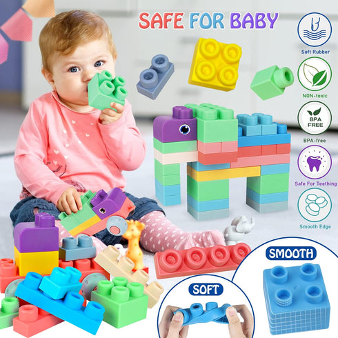 Baby Soft Blocks Building Toys, 70PCS STEM Educational Blocks for Babies 6 Months and Up, Soft Rubber Sensory Toys