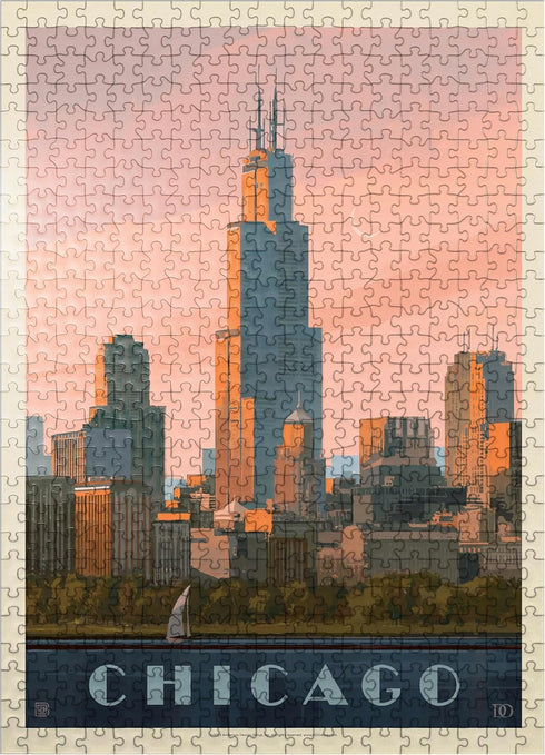 MyPuzzle Chicago Skyline - Lake Michigan Vintage Poster, Premium 500 Piece Jigsaw Puzzle for Adults