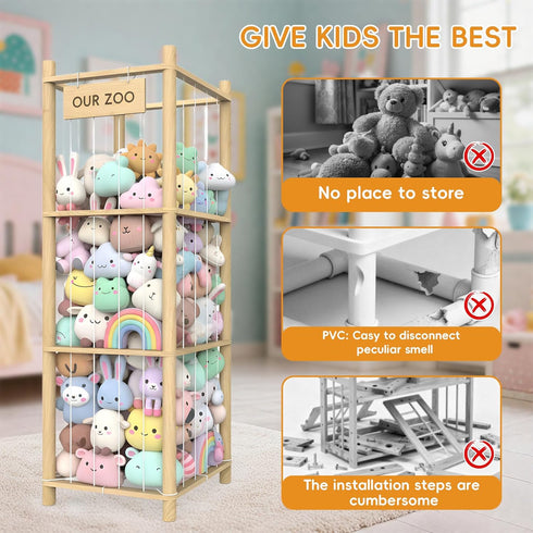 POOSIDE 53.5" 40 Stuffed Animal Storage Organizer, Solid Wood Zoo Toy Holder for Kids Bedroom, Nursery & Playroom