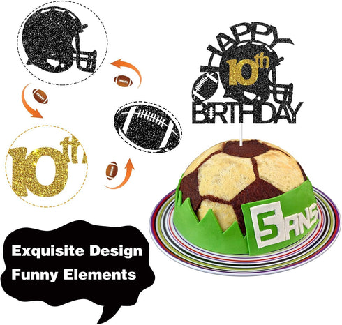 Black & Gold Glitter Football Happy 10th Birthday Cake Topper - Football Theme Party Decoration, 10th Birthday Party