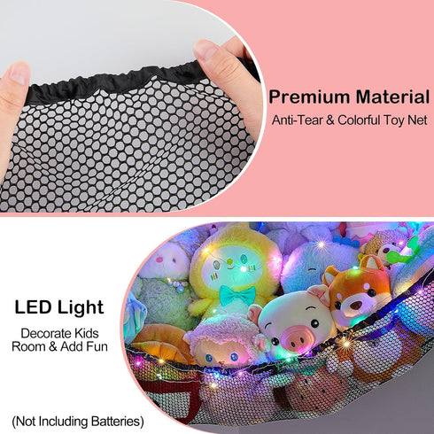 Stuffed Animals Net or Hammock - Kids Toy Storage Organizer with LED Light Unicorn Castle Hanging Corner Holder