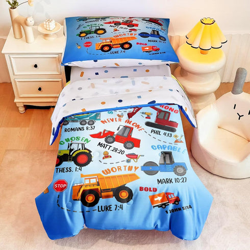 4 Piece Toddler Bedding Set for Boys,Cars Construction Toddler Bed Comforter Set