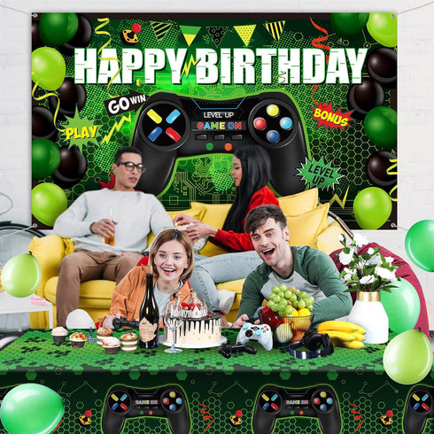 Video Game Birthday Party Decorations Set, Gaming Happy Birthday Supplies with Backdrop, Table Covers, Balloons