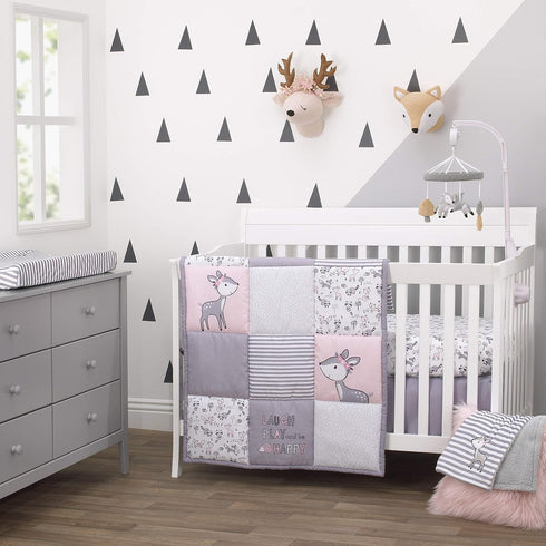 Little Love By Nojo Sweet Deer, Grey, Pink, White "Laugh Play And Be Happy" Photo Op Fitted Crib Sheet, Pink, Grey
