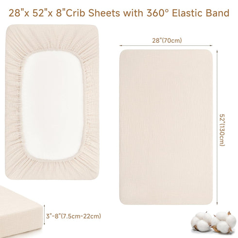 100% 2 Pack Set, 52"x28", Pro Goleem Muslin Crib Sheets, Cotton Crib Sheets for Boy Girl, Breathable Soft Neutral Baby