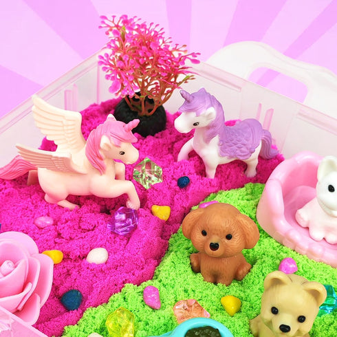 3 4 5 6 7 8+ Stackable Sensory Bin, Unicorn & Pet Sensory Sand, Unicorn and Pet Sandbox with Play Sand for Toddlers