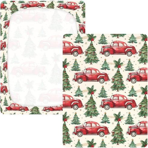 KICPOAY 52x28 Christmas Trees Cars Vintage Toddler Bed Crib Sheets Baby Crib Sheets Cover for Soft Mini Crib Mattress