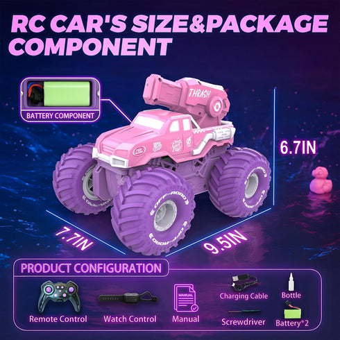1:16 2.4GHz 4WD BEZGAR Amphibious Remote Control Car for Girls - Pink Monster Truck Toys RC Boats Waterproof Tank