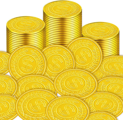 100 Count Plastic Gold Coins Set, Pirate Treasure Gold Play Coins for Kids Party Theme Props Decorations
