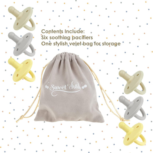 Sweet Child Pacifiers Set of 6, 0-18 Months, Ultra-Light Silicone Binkies with Collapsible Handle & 3 Air Holes