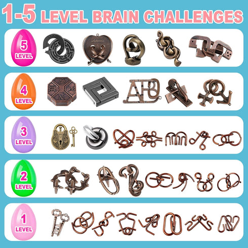 32 Pack Brain Teaser Puzzles & Colorful Easter Eggs - Challenging Metal Wire Puzzles for Kids & Adults - DIY Easter