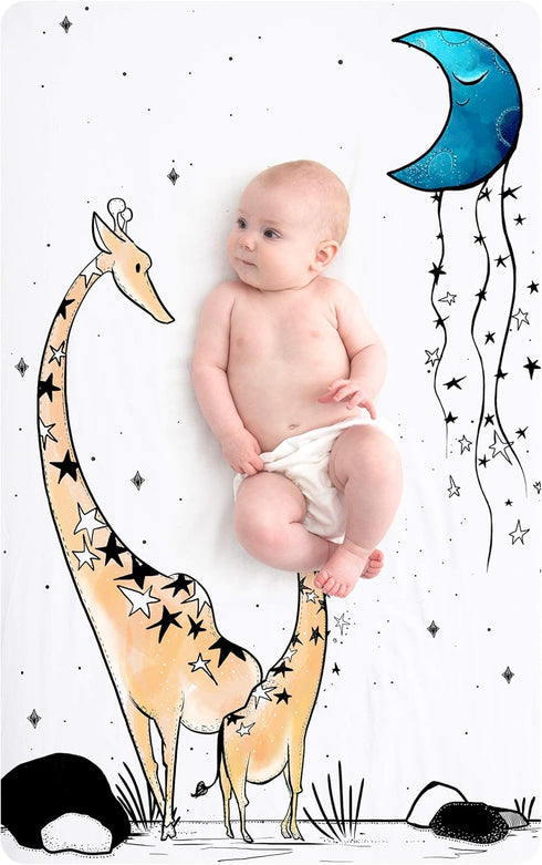 JumpOff Jo Fitted Mini Crib Sheet, 24 x 38 x 5 Inches, Soft 100% Cotton, Giraffe & A Calf for Portable Crib