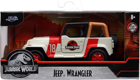 Jada Toys Jurassic World 1:32 Jeep Wrangler Die-cast Car for Kids and Adults (White/Red)
