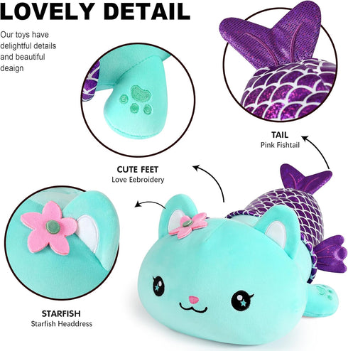 Onsoyours Cute Kitten Mermaid Plush Toy, Soft Kitty Stuffed Animal Pillow for Kids, Blue Cat Mermaid, 12"