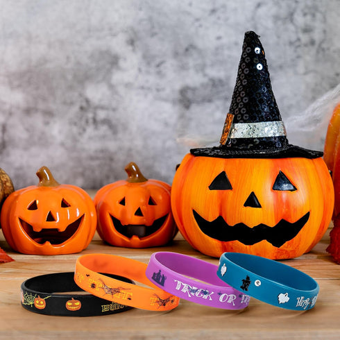 Lesnala 48 Pcs Halloween Silicone Wristband, 4 Classic Styles for Kid Holiday Gifts, Party Favor and Goodie Bag Fillers