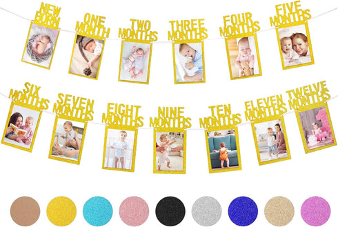 Whaline 1st Birthday Baby Photo Banner, Monthly Milestone Photograph Bunting Garland for First Birthday Celebration