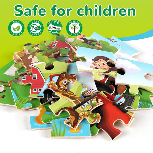 Wooden Puzzles Toys for Kids Ages 3-5 - Set of 4 Packs with 20-Piece Farm Animal Theme Jigsaw Puzzles