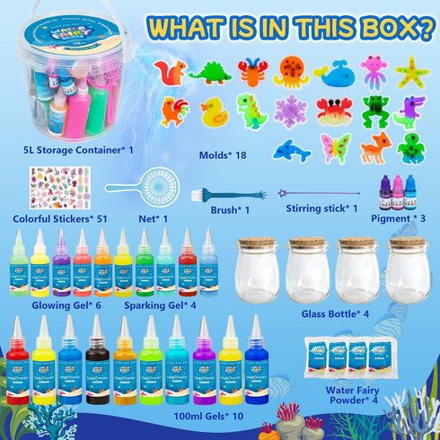 116PCS Set 18 100ml 150+ Magic Glow-in-The-Dark Gel Water Fairy Toy, Aqua DIY Elf with Shape Molds, Gels, Water Squishy