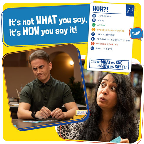 TOMY The Game of Saying 'Huh?!' | Voice Impressions Card Game for Family Fun, Ages 8+, 3-8 Players
