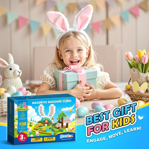 108PCS 1 inch 3+ Magnetic Blocks Kids Magnet Toys, Large Building Cubes with Puzzle Panel, Mine Magworld Easter Bunny
