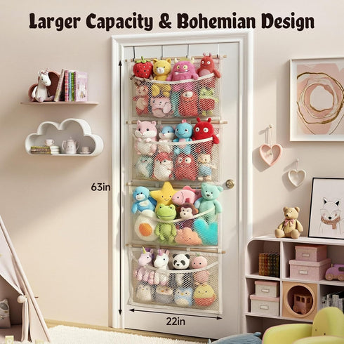 Hammock Over Door Large-Capacity Stuffed Animal Storage with Metal Hook & Wooden Stick, Hanging Plush Animal Bear Doll