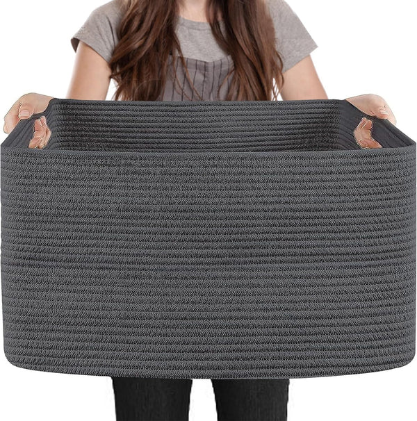 Extra Large Rope Basket, 23.6" x 17" x 12" Wicker Baby Laundry Basket, Kids Toy Storage, Dark Grey
