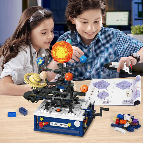 Solar System Building Sets with Light, Rotatable Space Exploration Toys with 9 Planets & Rocket Sets for Kids Age 6+