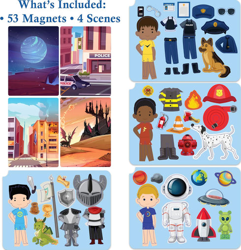 Hapinest Magnetic Heroes Pretend and Play Travel Playset Toy for Boys Ages 4 Years and Up, Fireman, Policeman, Knight