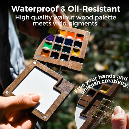 Set, 15-Color Funto Mini Watercolor Paint All-in-One Walnut Wood Premium Pocket Travel Paint Kit, with Crossbody