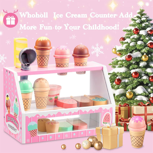 Counter Playset 3+ WHOHOLL Wooden Ice Cream for Toddler Girl Toys, Play Store Pretend Toy Food Play Kitchen Accessories