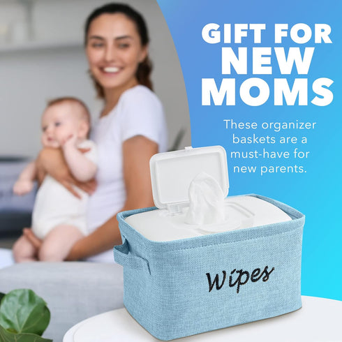 Baskets for Organizing Wipes and Newborn Essentials, Diaper and Wipes Organizer, Linen Basket with Handle, Blue