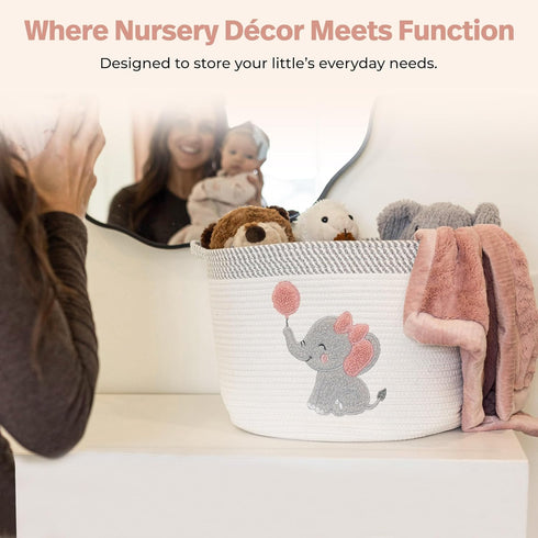 15x11 Elephant Storage Basket for Nursery Large Cotton Rope Bin with Soft Felt Elephant Patch Toy Organizer, Baby