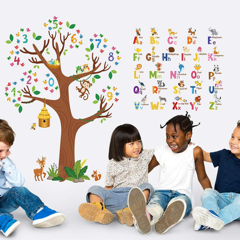 Zonon 3 Sheets Animal Alphabet and Numbers Tree Wall Decals, Learning ABC Letters Birds Numbers Peel and Stick Home