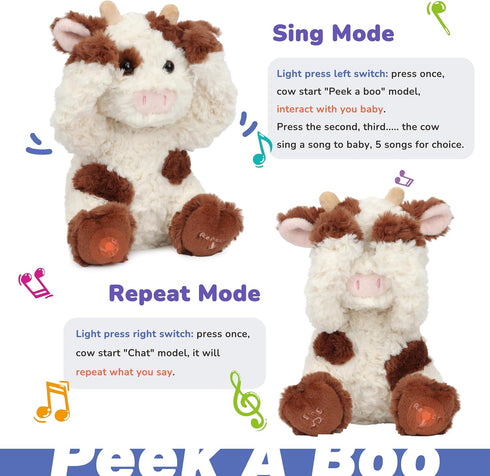 11'' Hopearl Peek A Boo Cow Interactive Repeats What You Say Plush Diary Cattle Toy Musical Singing Talking Stuffed