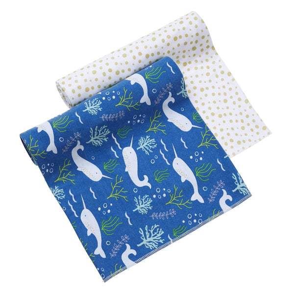BreathableBaby Active Swaddle Blanket & Wrap 2 Pack Narwhal and Gold Dots,