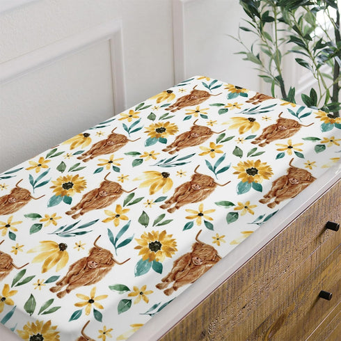 Highland Cow Sunflower Changing Pad Cover for Baby Girls, Soft Stretchy Safe Snug Fitted Diaper Change Table Covers