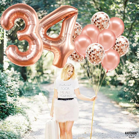 KatchOn Rose Gold 34 Balloon Set, 40 Inch, 34th Birthday Decorations for Women with Confetti Balloons