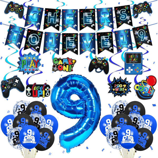 Video Game Theme 9th Birthday Party Decorations for Kids - Blue Black Cheers to Level 9 Banner, Hanging Swirls, Level