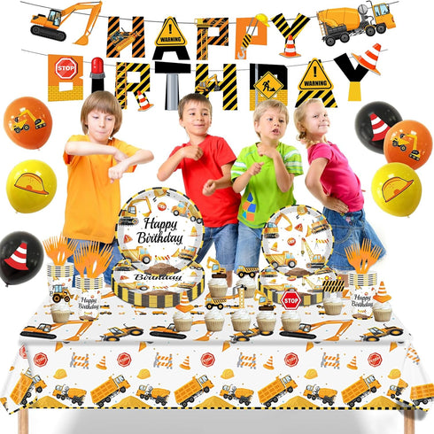 24 Construction Birthday Party Supplies for Guests - Decorations Include Plates, Napkins, Cups, Tablecloth, Cake