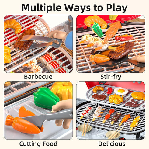 Playset 4-8, 3 4 5 6 7, 2-Layer Set, 3-5 Kids BBQ Grill for Kids Ages Play Kitchen Toys with Smoke & Light for Boys
