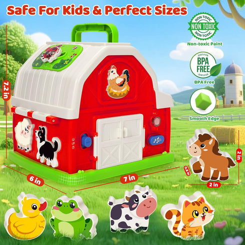 1 2 3 set 12-18 Montessori Toys for Year Old Boys Girls, Musical Barn Farm Animal for Toddler, Shape Sorting