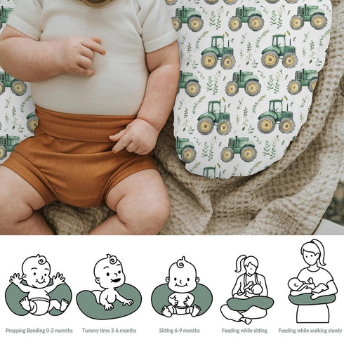 Watercolor Green Tractors Baby Nursing Pillow Covers for Boy Girl Farm Tractors Boho Leaves Nursery Feeding Pillowcase